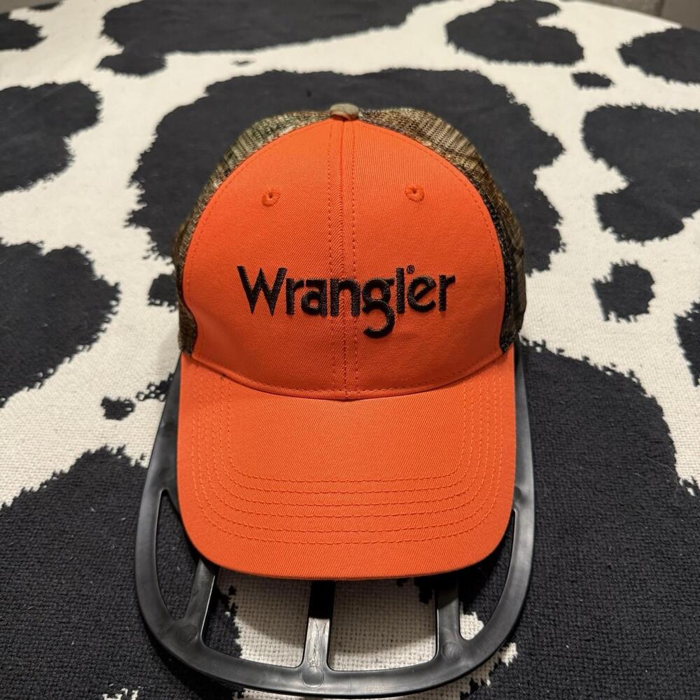 Wrangler Blaze Safety Orange Camo Mesh‎ Trucker Snapback Hat Cap Hunt Fish Men